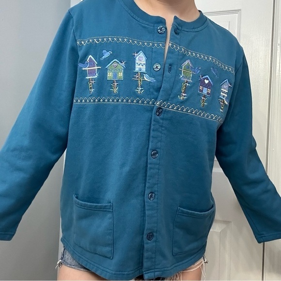 Vintage Sweater Cardigan Grandma Embroidered Bird Animal Kawaii Medium Petite - Picture 7 of 7